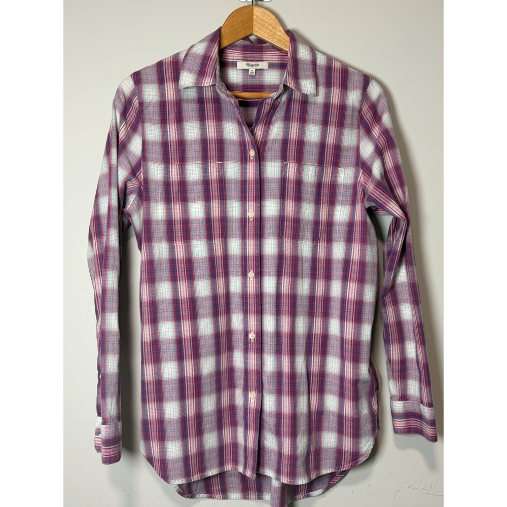 Madewell Women's Ex-Boyfriend Cotton Plaid Button Down Shirt Light Preppy Size M
